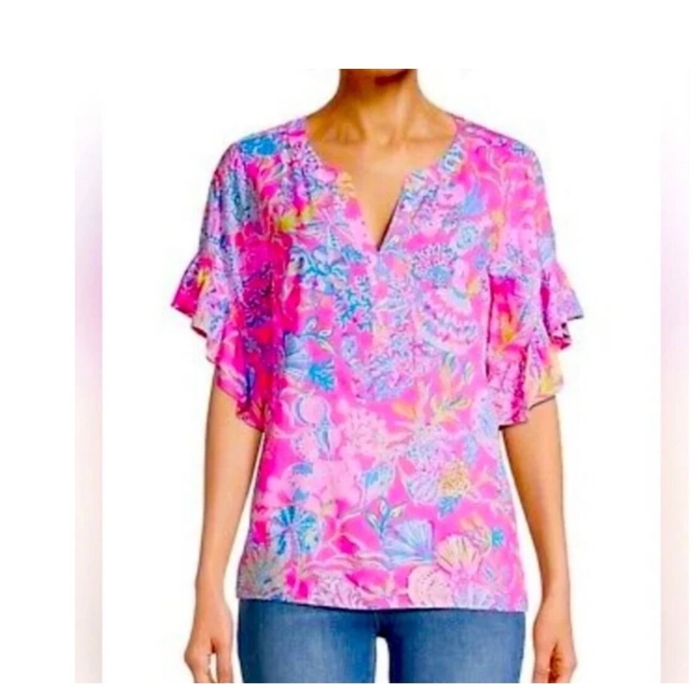 Lilly Pulitzer Quinna Top Women XL Pink Shell Me Something Good Ruffle V-Neck